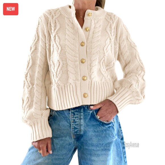 Sweaters - Cable Knit Cropped Cardigan, Chunky Knit Sweater, Button Up Long Sleeve